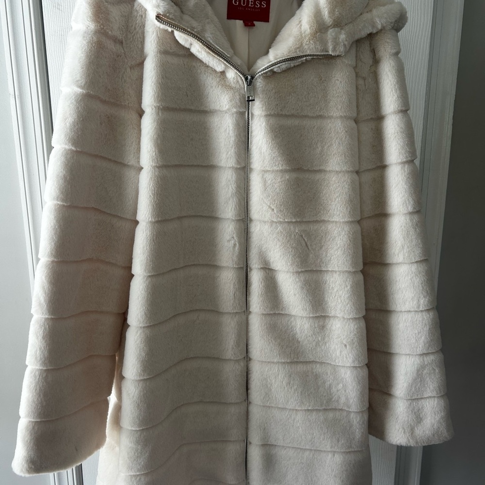 Guess Cream Teddy Jacket Plush Faux Fur Hooded